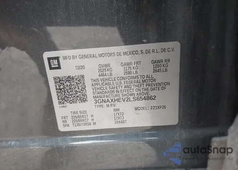 2020 Chevrolet Equinox Fwd Ls z USA, uszkodzony, nr VIN 3GNAXHEV2LS654862